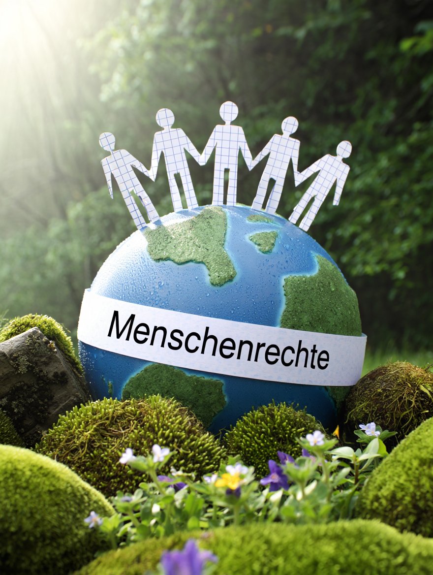 Strategien Menschenrechte: Papierfiguren auf Globus in natürlicher Waldumgebung