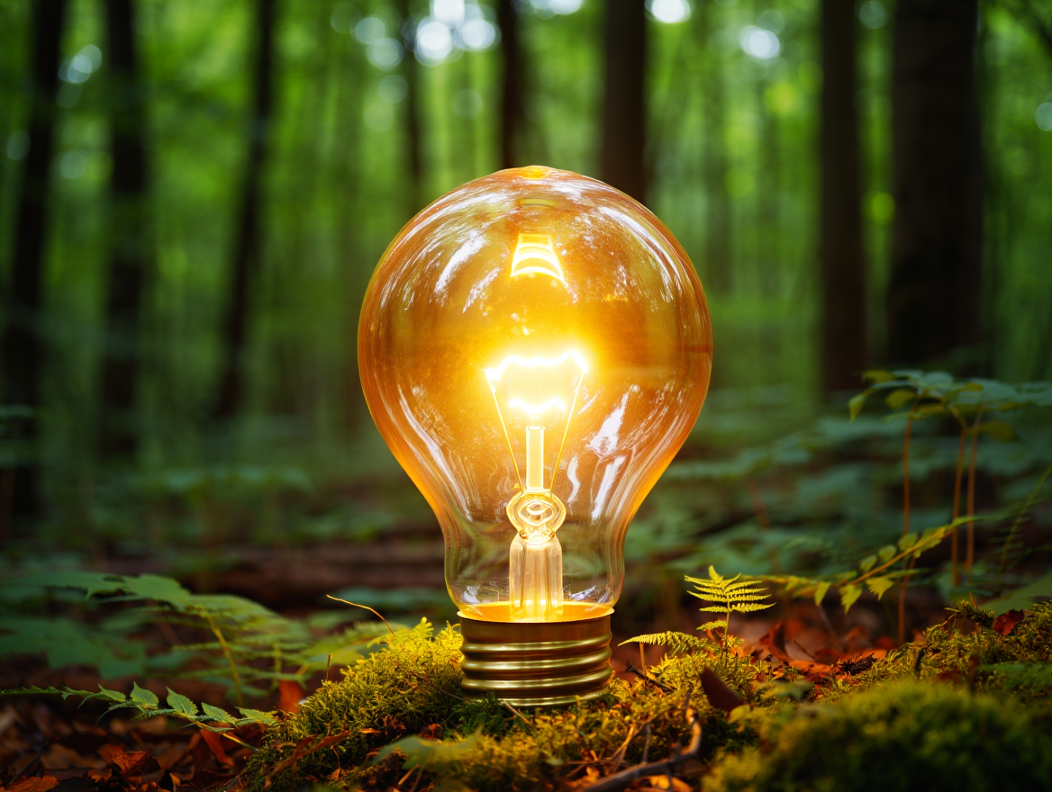 Bild von einer leuchtenden Glühbirne mit Wald im Hintergrund
